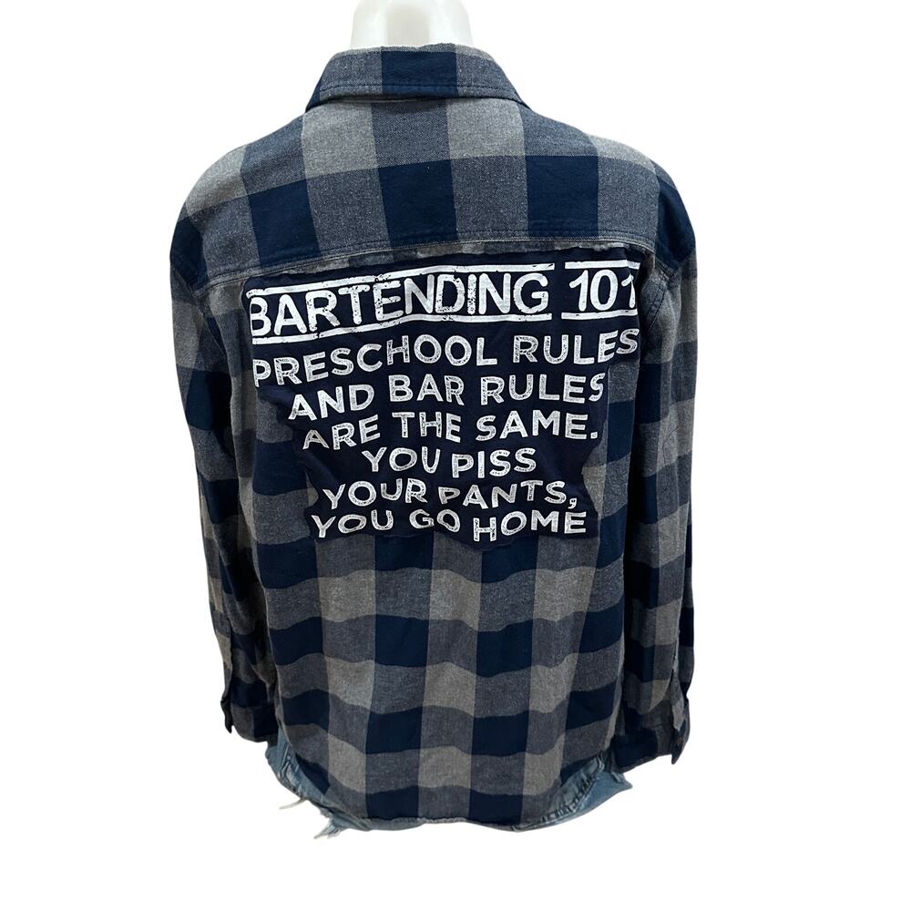 Bartender 101 Rules Plaid Flannel Shirt Shacket XL Oversized Upcycle Unique Gift